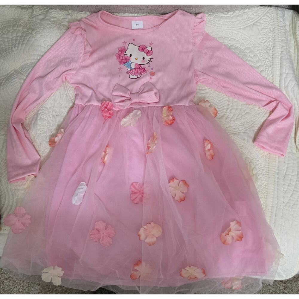 Girls Size 6 Hello Kitty Pink Dress 3D Floral Netting Accents